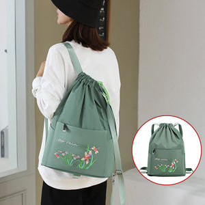 Embroidered backpack with drawstring