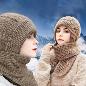 Combined hat and scarf set against the wind