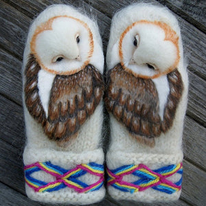 Hand knitted Nordic wool gloves with owls